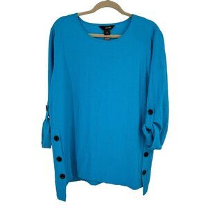 Ali Miles Womens Blue crinkle Tunic Top size large Button Detailing 3/4 sleeve